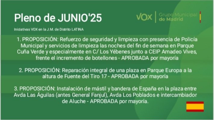 VOXLaLatina1's tweet photo. Esta semana se celebró el #PlenoDistrito de junio de la @JMDLatina y queremos presentar las iniciativas propuestas y defendidas por el @VOX_AytoMadrid @ramosmarian4 @BLorenzo90 https://t.co/UeCb6nxLXU