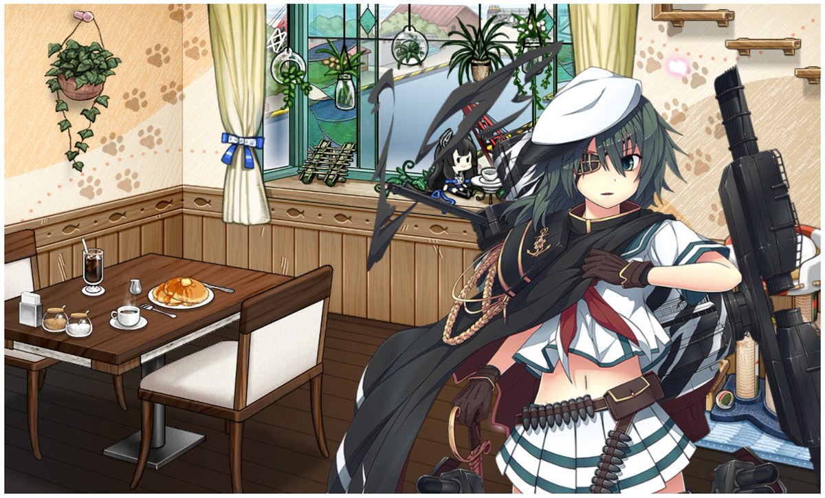 艦これ】2025年6月14日、特注家具職人（によるダイナミック割引）と家具コイン1万2222枚を使用し、梅雨の新家具『鎮守府猫の住処』を購入。先日の『猫の壁』と合わせ、執務室を模様替えしました。猫カフェ風な母港で、嫁艦の木曾さんと記念撮影  （※2～4枚目は背景のみ ...