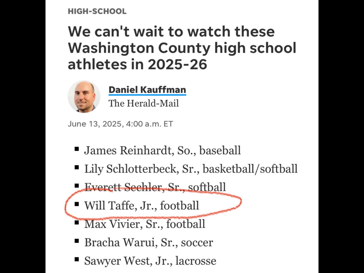William Taffe (@william_taffe) on Twitter photo Was excited to be included on the Washington County 2025-26 list of High School Athletes to watch for next school year from the <a href="/HMMediaSports/">Herald-Mail Sports</a>. Honored to be listed along side so many friends and teammates including <a href="/MaxVivier/">Max Vivier</a> <a href="/xrc07/">Xavier colbert</a>. Work needs to be done between now and the Was excited to be included on the Washington County 2025-26 list of High School Athletes to watch for next school year from the <a href="/HMMediaSports/">Herald-Mail Sports</a>. Honored to be listed along side so many friends and teammates including <a href="/MaxVivier/">Max Vivier</a> <a href="/xrc07/">Xavier colbert</a>. Work needs to be done between now and the