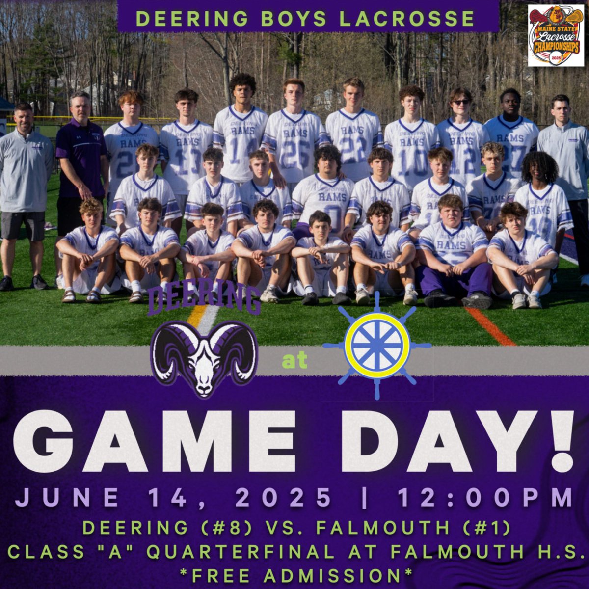 Good luck to Deering Boys Lacrosse as they face-off vs. Falmouth in a Class "A" Quarterfinal at FHS at 12noon. The winner advances to the semis and meets Cape Eliz. FREE ADMISSION to this game at FHS and livestream via FHS HUDL TV. GO RAMS!!! #ramsrising