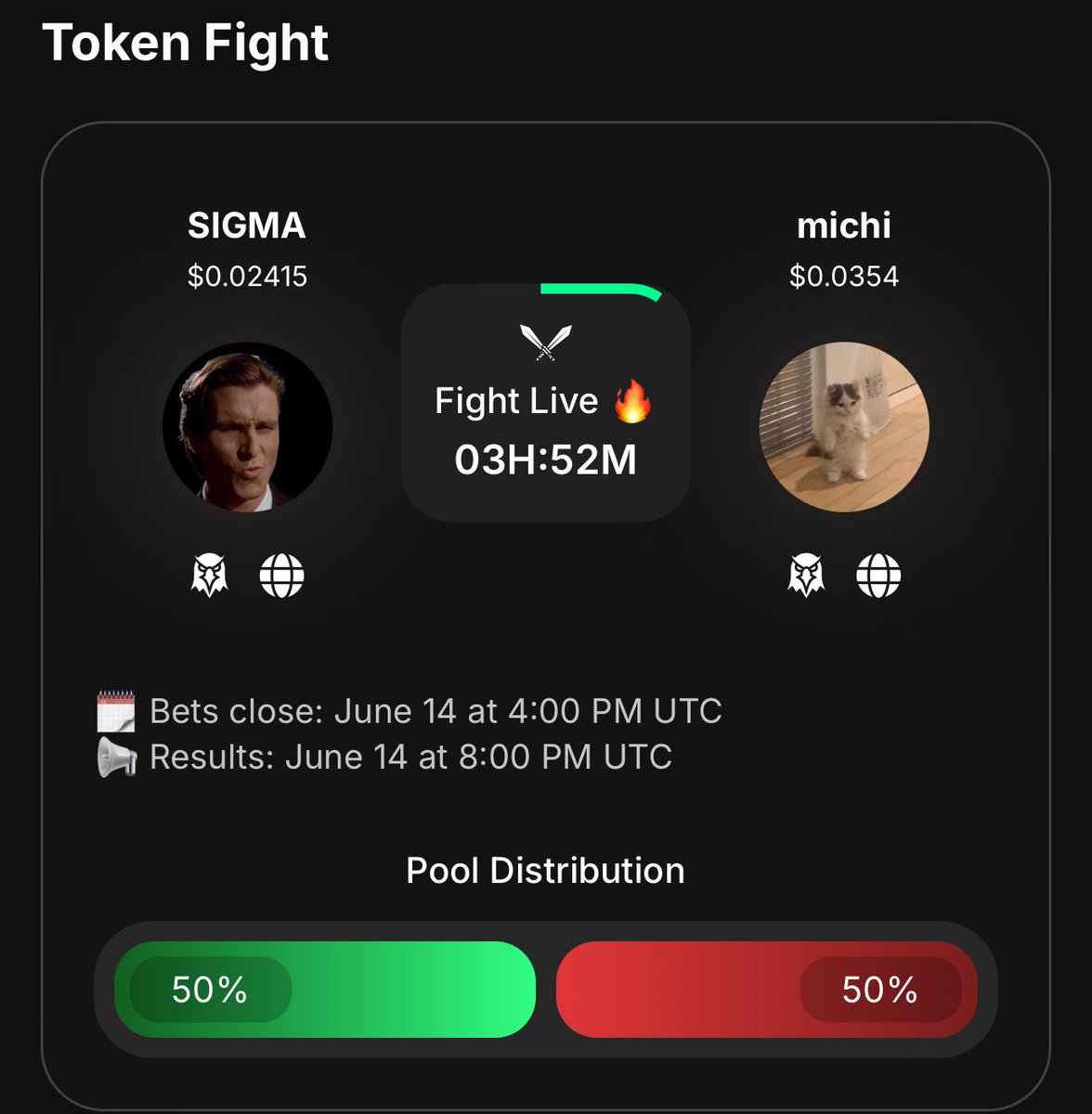 New Market is live: $SIGMA vs $michi

Come place your bet on betonpump.gg 

You can also bet for 'coins' in our Discord (and win real SOL): discord.gg/betonpump
