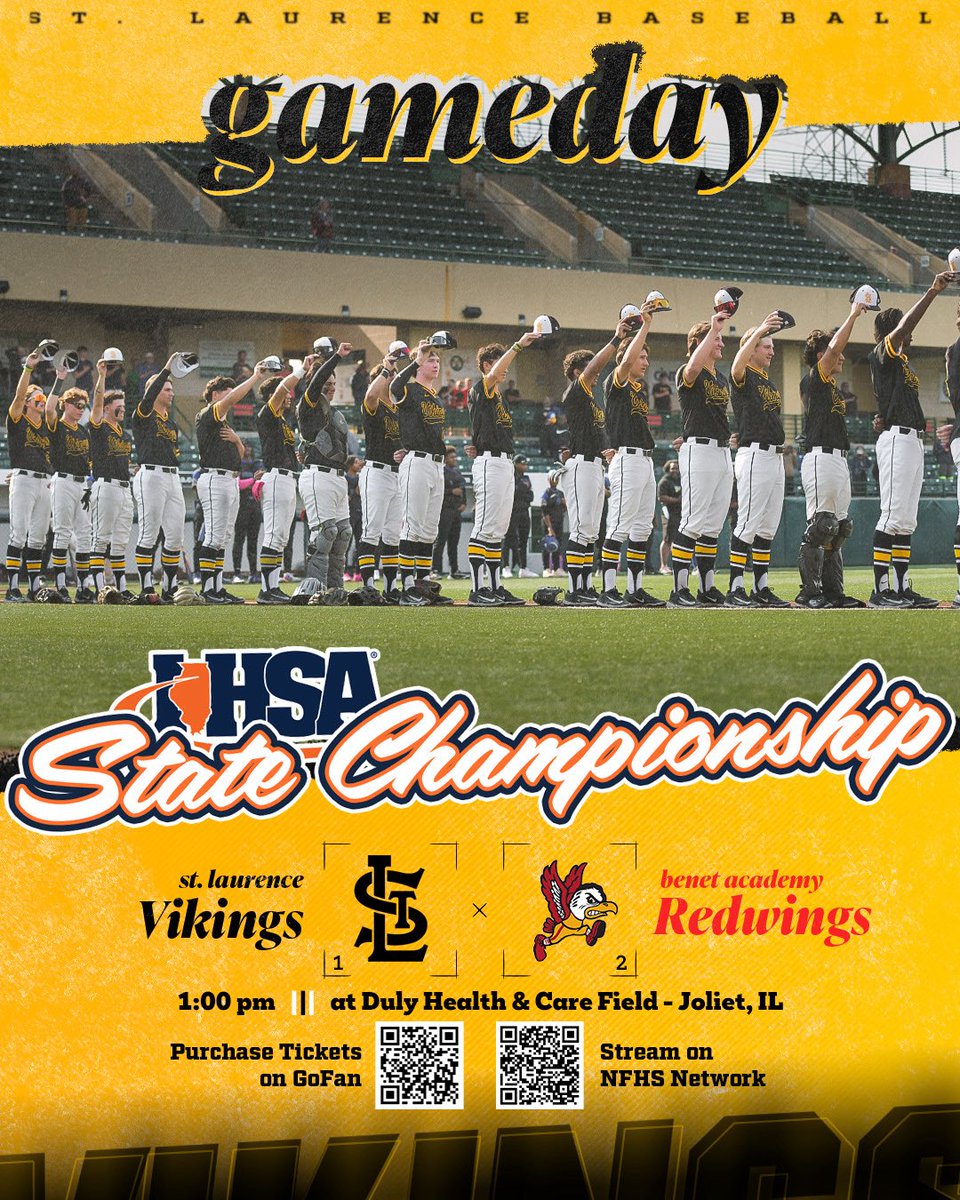 🏆State Championship Game🏆
St. Laurence vs Benet Academy.
1pm first pitch. 
Duly Health and Care Field. 
BRING IT ON.
linktr.ee/stlbaseball #VikingWarriors