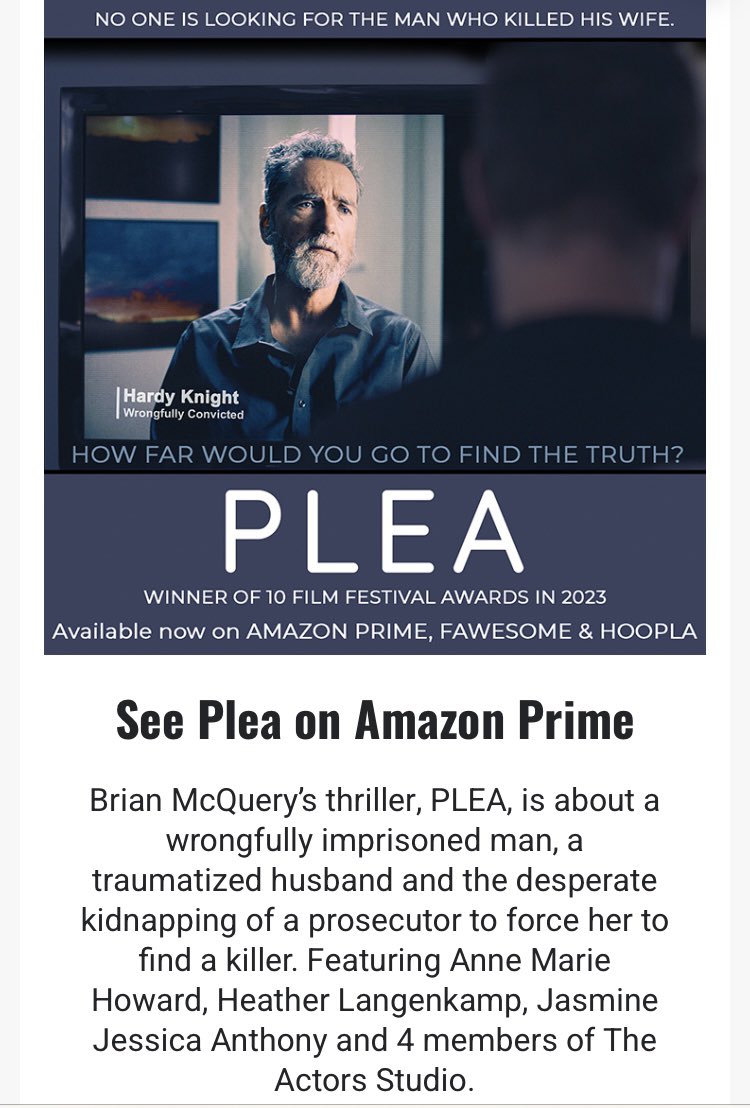 <a href="/donwinslow/">Don Winslow</a> <a href="/StephenKing/">Stephen King</a> My 1st feature, <a href="/PleaFilm/">PleaFilm</a>, debuted at film festivals in LA &amp; NYC the month I turned 50 &amp; received awards at both!

Watch on Amazon Prime, <a href="/Tubi/">Tubi</a>, <a href="/hooplaDigital/">Hoopla Digital</a> 

Cast includes Jasmine Jessica Anthony who played the daughter in Stephen King’s 1408!

<a href="/BayViewEnt1/">BayView Entertainment</a>
#SupportIndieFilm