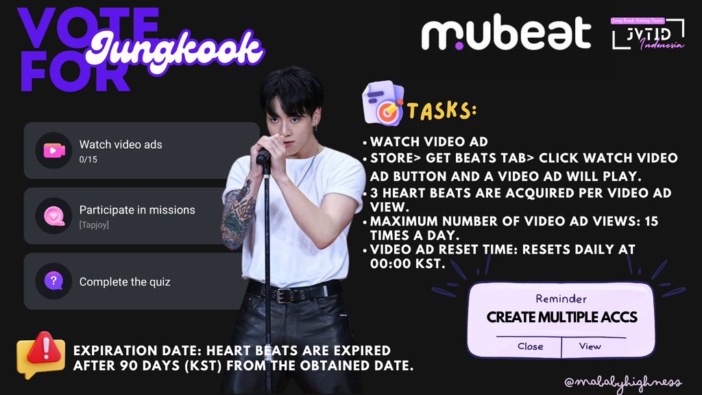 📢 | MUBEAT | Birthday Preparation

Daily Reminder , Collect heartbeats 💓 :
✓ watch ads 15/15  
✓Spin the Roulette 
✓ Do missions
✓ create multiple accounts

Guide :🔗 mubeatjvt.carrd.co