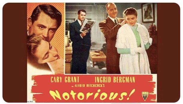 U.S. agent T.R. Devlin (Cary Grant) m recruits Alicia Huberman (Ingrid Bergman) to infiltrate a circle of Nazis hiding in Brazil. Devlin and she fall in love, complicating her mission to seduce Alex Sebastian (Claude Rains), a leader of the enemy group. "Notorious" (1946). #noir