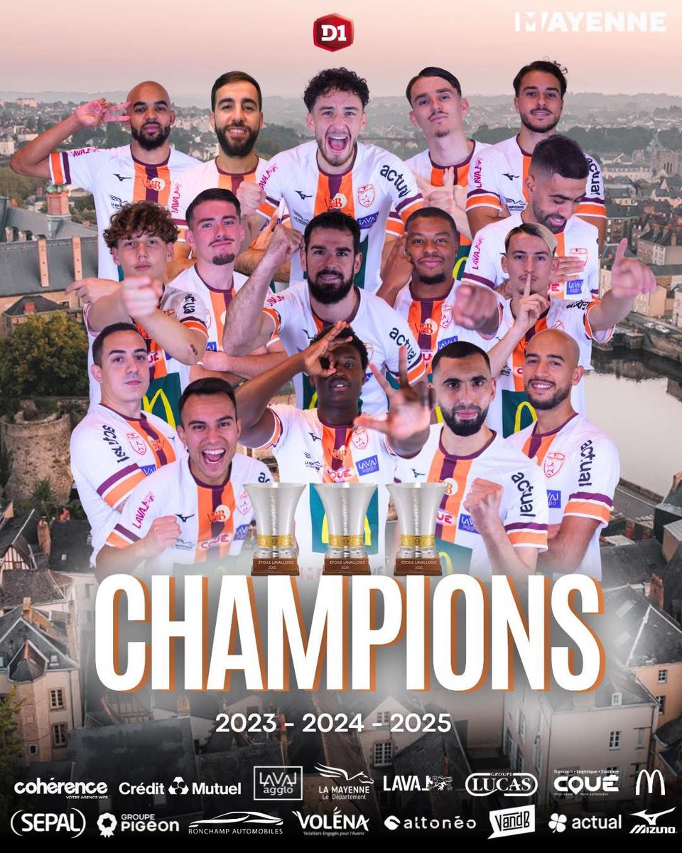 🏆🏆🏆 𝗧𝗥𝗜𝗣𝗟𝗘𝗦 𝗖𝗛𝗔𝗠𝗣𝗜𝗢𝗡𝗦 𝗗𝗘 𝗙𝗥𝗔𝗡𝗖𝗘 

2023 ➡️ 2024 ➡️ 2025

Trois titres, une étoile ✨

#EtoileLavalloise ❤️🤍🧡