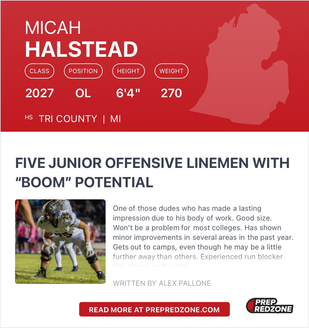 Micah Halstead (@mhalstead2027) on Twitter photo Thank you <a href="/alex_pallone/">Alex Pallone</a> for the write up. It’s great to be noticed for the hard work I’m putting in. <a href="/PrepRedzoneMI/">Prep Redzone Michigan</a> Thank you <a href="/alex_pallone/">Alex Pallone</a> for the write up. It’s great to be noticed for the hard work I’m putting in. <a href="/PrepRedzoneMI/">Prep Redzone Michigan</a>
