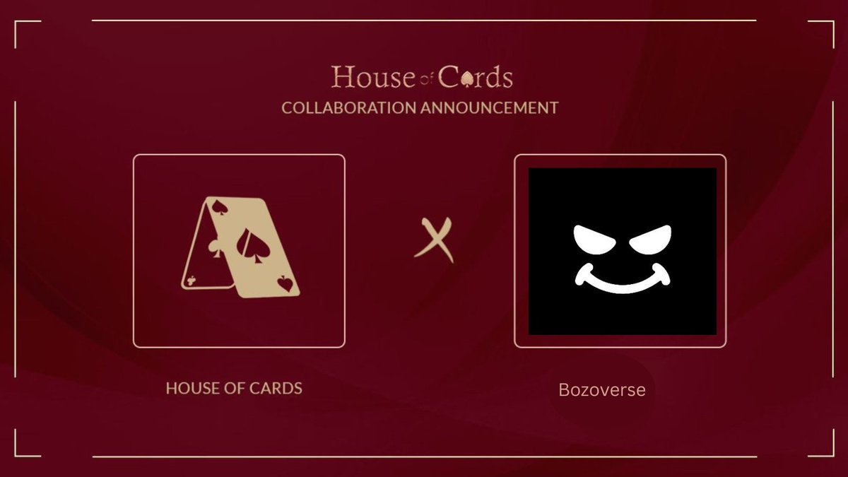 House of Cards (@houseofcards_io) on Twitter photo House of Cards X Bozoverse
Excited to announce our collaboration with <a href="/Bozoverse/">Bozoverse</a> 
Bozoverse is a digital universe on the Abstract, focusing on 3D and AI
Launching on 26th June, on Opensea House of Cards X Bozoverse
Excited to announce our collaboration with <a href="/Bozoverse/">Bozoverse</a> 
Bozoverse is a digital universe on the Abstract, focusing on 3D and AI
Launching on 26th June, on Opensea
