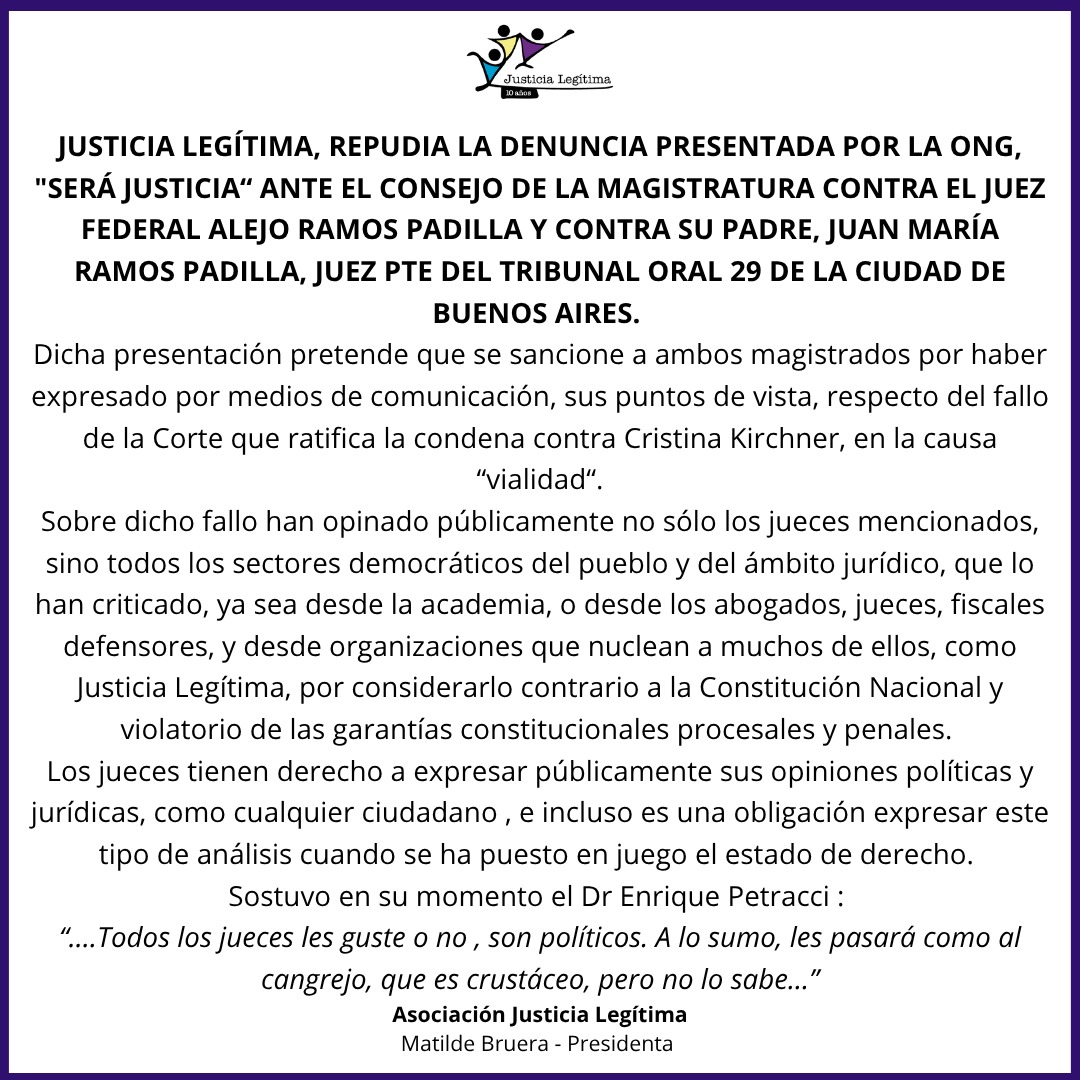 #JusticiaLegítima #LibertadDeExpresión #DerechoALaOpinión #Democracia #IndependenciaJudicial #EstadoDeDerecho #NoALaPersecución #JudicializaciónDeLaPolítica #RamosPadilla #PoderJudicial #GarantíasConstitucionales #JusticiaConstitucional #NoSilencienALaJusticia #Derecho