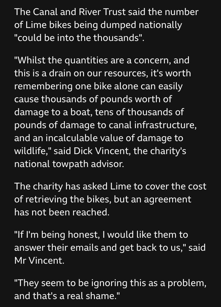 The pollution threat from the dumping of Lime Bikes <a href="/limebike/">Lime</a> in rivers is getting a bit of news coverage at last.

We often report the dumping of #LimeBikes in local rivers.

<a href="/BBCNews/">BBC News (UK)</a> story (long overdue…): bbc.co.uk/news/articles/…
