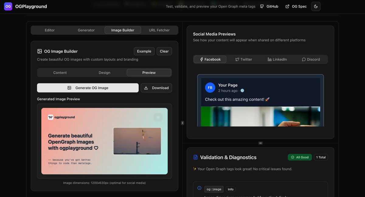 itsKanishkP's tweet image. New version of 🧪 OGPlayground is here with the feature of building open graph images.
Give it a try 💫.
Link: ogplayground.kanishkk.me
#FreeSoftware #OpenGraph #OGPlayground #BuildInPublic