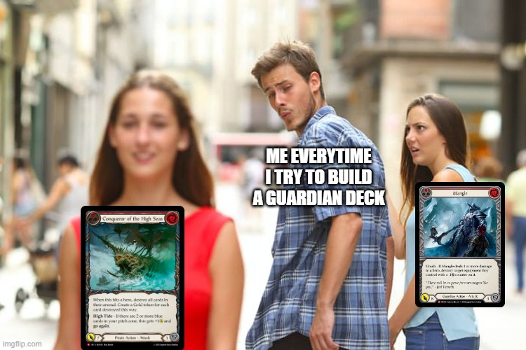 Pintorpin's tweet image. When you realize that the first broken 8 power 4 cost attack action is not playable in guardian 🥲