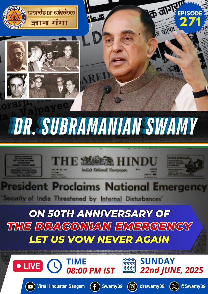 Dr ArvindChaturvedi (@arvindchaturved) on Twitter photo Black spots in history shd never b forgotten.This is 50th yr of dreaded Emergency imposed on India by Mrs Indira Gandhi in 1975.The Emergency Hero Dr Subramanian <a href="/Swamy39/">Subramanian Swamy</a> will narrate his own experience and share in 271st episode of WoW/ GyanGanga on Sunday 22 june. Please join. Black spots in history shd never b forgotten.This is 50th yr of dreaded Emergency imposed on India by Mrs Indira Gandhi in 1975.The Emergency Hero Dr Subramanian <a href="/Swamy39/">Subramanian Swamy</a> will narrate his own experience and share in 271st episode of WoW/ GyanGanga on Sunday 22 june. Please join.