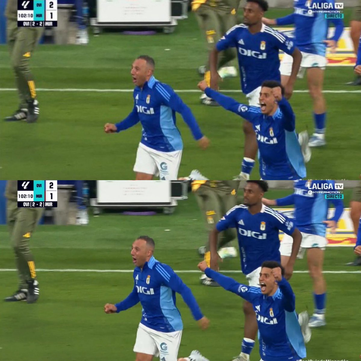 La reacción de Santi Carzola tras el golazo de Francisco Portillo ante el CD Mirandés, que pone al Real Oviedo a un paso el ascenso a La Liga después de 24 años.