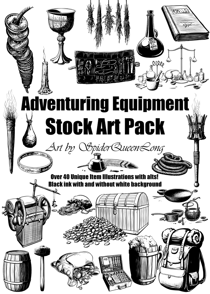 SpiderQueenLong (She/They) (@long_spider) on Twitter photo Finally released the Adventuring Equipment Stock Art Pack!
This is a 1-stop-shop for detailed B&W items depicting staple objects of fantasy TTRPGs! Torches, Coins, Bags, Tools, Reagnts, & more 2 Popul8 ur products!
Check it out!
dieselshot.itch.io/adventuring-eq…
legacy.drivethrurpg.com/product/527095… Finally released the Adventuring Equipment Stock Art Pack!
This is a 1-stop-shop for detailed B&W items depicting staple objects of fantasy TTRPGs! Torches, Coins, Bags, Tools, Reagnts, & more 2 Popul8 ur products!
Check it out!
dieselshot.itch.io/adventuring-eq…
legacy.drivethrurpg.com/product/527095…