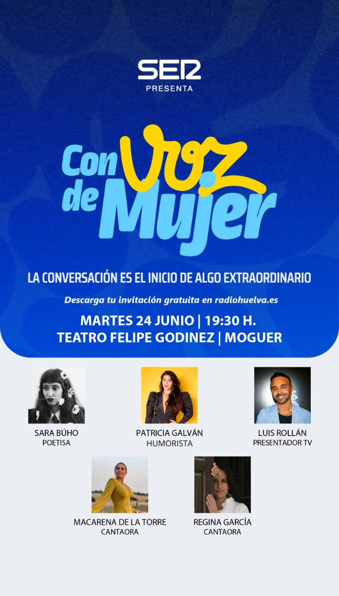 Este martes a las 19:00 tenemos en Moguer uno de los eventos más interesantes del año:  "Con voz de mujer". Un pasito más de Radio Huelva hacia la igualdad. Es gratis...¡Vente!