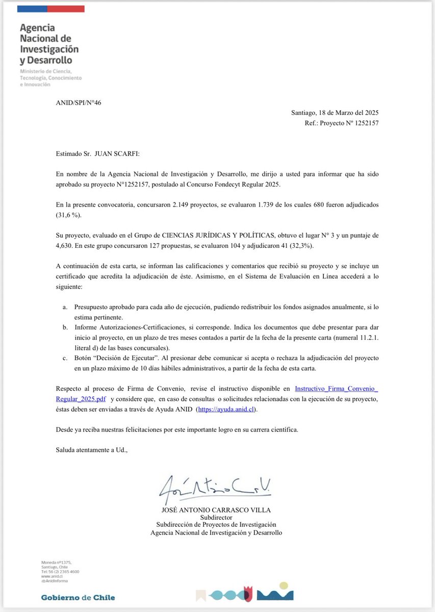 Delighted to say that my research project  Fondecyt Regular 2025 on “The origins and foundations of human rights in Latin America and the geopolítics of the Cold War” was ranked 3rd at the national level in the field of political science and legal studies.👇