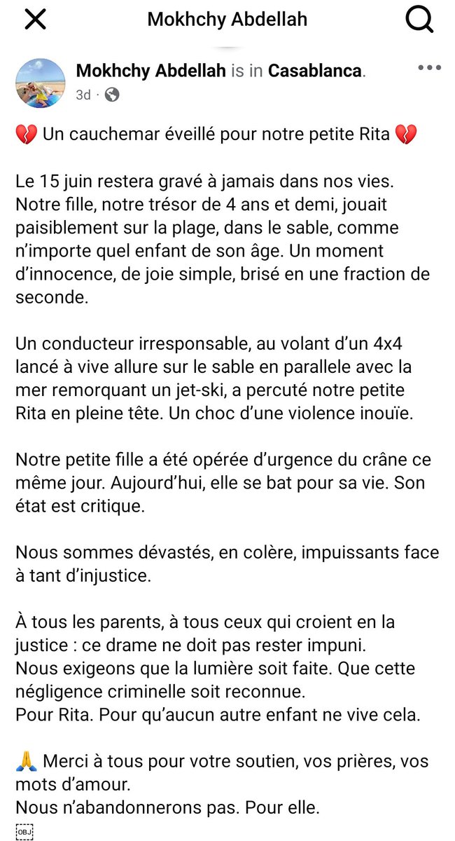 Jafkech's tweet photo. 📣🇲🇦 Je l'ai dis et repeté à plusieurs reprises:

Que ce soit pour les affaires liées à la reconstruction post-seisme, pour le scandale des presidents de Federations aux JO, ou pour les affaires de corruption et d'abus de pouvoir en generale:

➡️ Le socle d'un pays c'est l'etat de droit, ainsi que la justice impartiale et independante.

Si on n'a pas ça, alors on a beau organiser meme la coupe de l'univers, machi gha du monde, notre pays n'avancera pas dans le bon chemin

➡️ On EXIGE la #JusticePourGhita, et que l'argent que possède un accusé ne soit jamais un argument dans un procès !

📷: Message du pere de Ghita