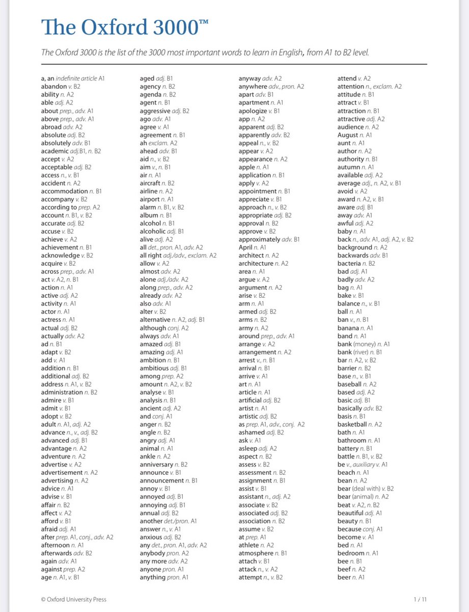 alitekintr's tweet photo. Oxford Üniversitesi İngilizcedeki en temel 5000 kelime listesini paylaştı. Kelimelerin A1'den C1'e hangi seviyede bilinmesi gerektiği de belirtilmiş. Bu listede ne kadar eksiğimiz varsa İngilizcede o kadar yolumuz var demektir. 

Mutlaka kaydedin.👇🏻 https://t.co/JavKVdqihn