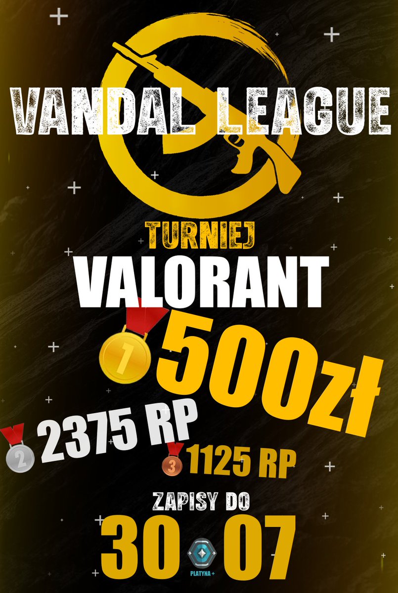 Witam serdecznie otwieramy zapisy do : 
                      🥳VANDAL LEAGUE🥳             
Amatorskiego turnieju VALORANT!
Wymagania : Platyna +
🏆Nagrody🏆:
🥇500 ZŁ
🥈2375 RP  
🥉1125 RP
Rekrutacja oraz więcej informacji na naszym  Discordzie :discord.gg/NQA9JbwJWS