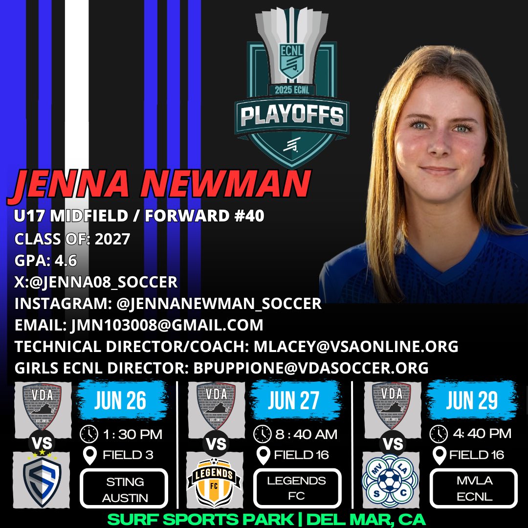Jenna Newman (@jenna08_soccer) on Twitter photo Less than one week until I compete in playoffs with my <a href="/vdasoccer/">Virginia DevAcademy</a> 08 team! So happy to be back after my collarbone injury. Come see us play some great teams! <a href="/ECNLgirls/">ECNL Girls</a> <a href="/ImYouthSoccer/">ECNL/GA/Recruiting/College Soccer</a> <a href="/TheSoccerWire/">SoccerWire</a> <a href="/TopDrawerSoccer/">TopDrawerSoccer</a> <a href="/bobbypup/">Bobby Puppione</a> Less than one week until I compete in playoffs with my <a href="/vdasoccer/">Virginia DevAcademy</a> 08 team! So happy to be back after my collarbone injury. Come see us play some great teams! <a href="/ECNLgirls/">ECNL Girls</a> <a href="/ImYouthSoccer/">ECNL/GA/Recruiting/College Soccer</a> <a href="/TheSoccerWire/">SoccerWire</a> <a href="/TopDrawerSoccer/">TopDrawerSoccer</a> <a href="/bobbypup/">Bobby Puppione</a>