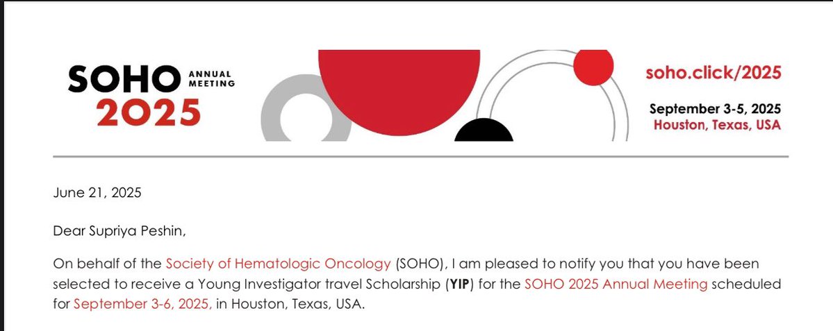 Supriya peshin (@supriyadocc) on Twitter photo Honored and grateful to receive the SOHO YIT Scholarship for second year in a row! Houston, here I come again excited to reconnect, learn, and grow alongside some of the brightest minds in hematologic oncology at SOHO 2025 <a href="/SocietyofHemOnc/">Society of Hematologic Oncology (SOHO)</a> <a href="/oncodaily/">OncoDaily</a> <a href="/IMG_Oncologists/">IMG Oncologists</a> <a href="/WomeninOnc/">Women in Oncology</a> Honored and grateful to receive the SOHO YIT Scholarship for second year in a row! Houston, here I come again excited to reconnect, learn, and grow alongside some of the brightest minds in hematologic oncology at SOHO 2025 <a href="/SocietyofHemOnc/">Society of Hematologic Oncology (SOHO)</a> <a href="/oncodaily/">OncoDaily</a> <a href="/IMG_Oncologists/">IMG Oncologists</a> <a href="/WomeninOnc/">Women in Oncology</a>