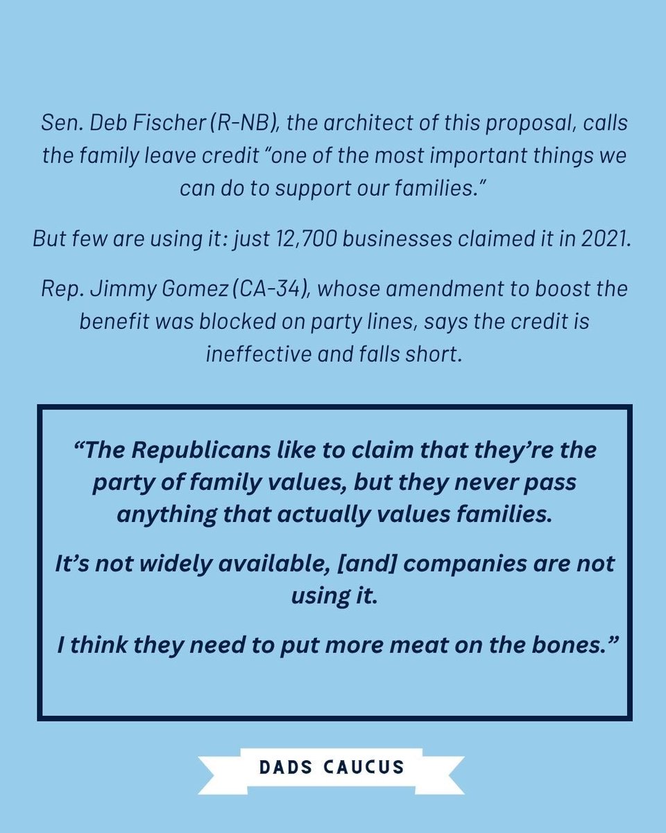 Republicans say they’re the party of family values, but never pass anything that actually values families. 

Their temporary paid leave credit is underused and limited. Making it permanent without fixing it is just lip service. They need to put their money where their mouth is.