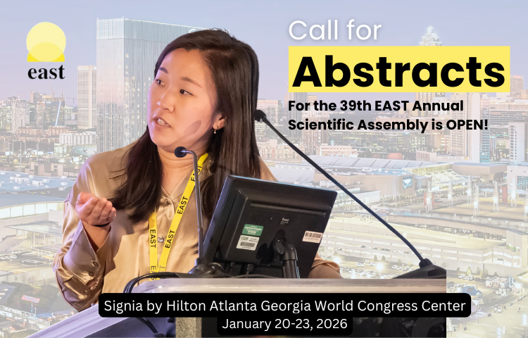 📣 Abstract submissions are OPEN for #EAST2026!

📅 Deadline: July 1, 2025, 11:59 PM PT
📍 Join us in Atlanta: Jan 20–23, 2026

Submit your research in Trauma, EGS, Burn, or Surgical Critical Care.
🔗 bit.ly/4kqRTcg

#BurnSurgery #AcuteCareSurgery #SurgicalCriticalCare