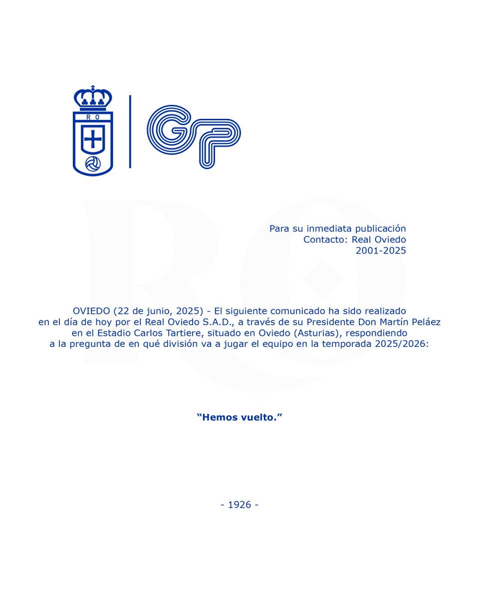 Comunicado oficial: 𝘏𝘦𝘮𝘰𝘴 𝘷𝘶𝘦𝘭𝘵𝘰.

#OviedoSiempreDePrimera
#HoyEsReal
#RealOviedo 🔵⚪️
@grupoPachuca