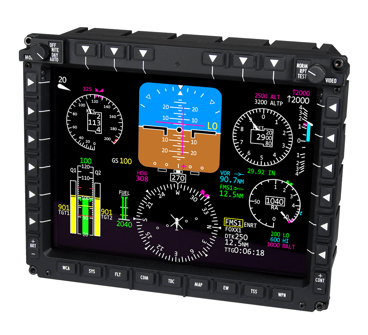 Your fingers feel the tactile haptics when you touch the L3 Harris MFD-TR.

Indexed buttons on the edges are called OSBs (Option Select Buttons) or LSKs (Line Select Keys) and they have a distinct advantage: They're fixed in place to aid the formation of muscle memory.