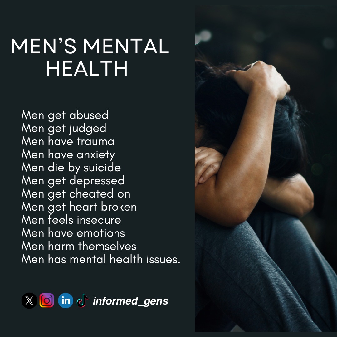Men: It's not weak to speak.

We must normalize the truth that #NoOneIsImmune to mental health struggles.
Silence only deepens the pain. Let’s support men by creating safe, friendly spaces for open conversation.
#informedgens
#MentalHealthMatters
<a href="/harerimana_tito/">Tito Hare</a> <a href="/BrianChirombo/">Dr Brian Chirombo</a>