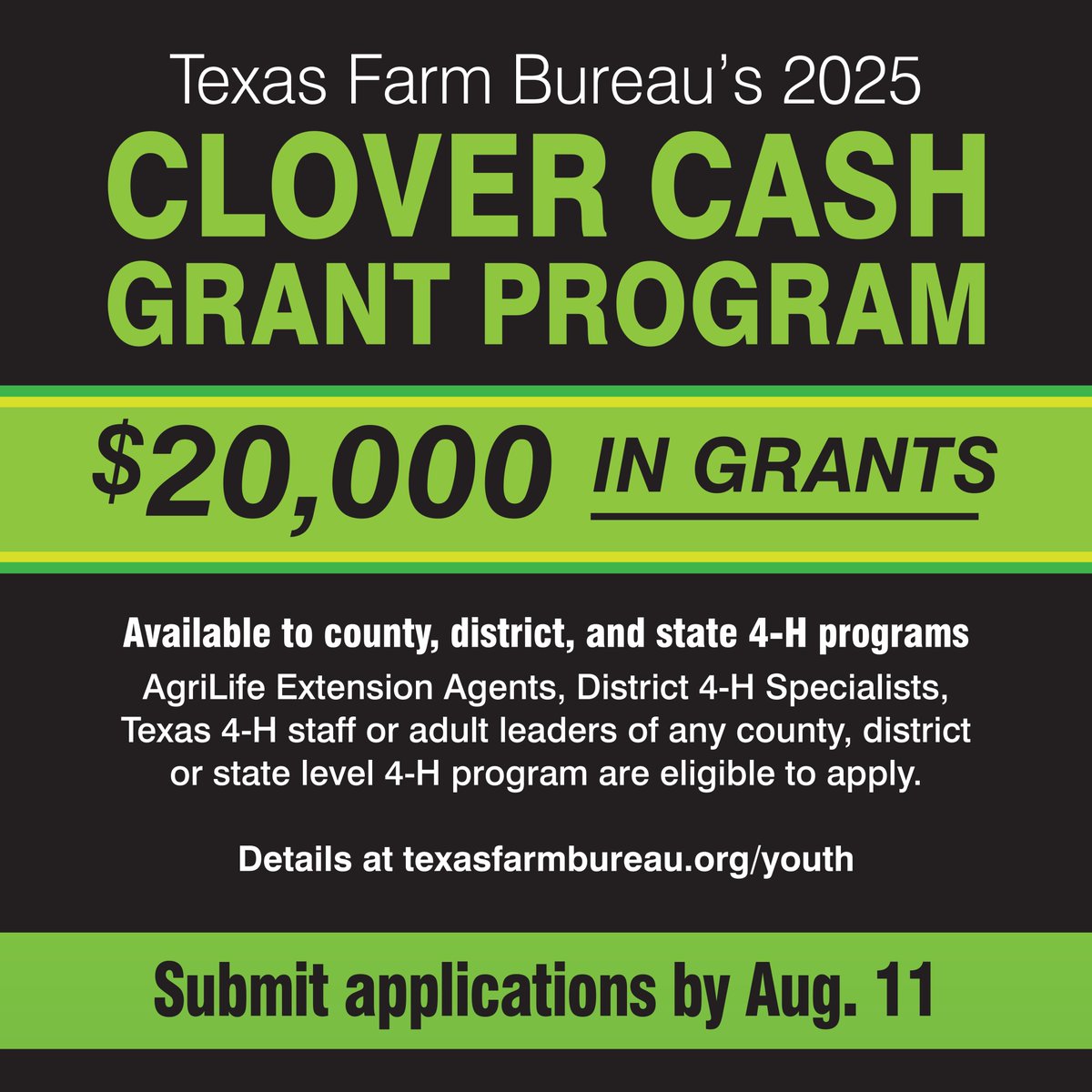 Calling all adult 4-H leaders and County Extension Agents! Apply for a grant through our Clover Cash program to provide Texas 4-H members opportunities to learn more about agriculture and advocacy.

Applications are due Aug. 11.

Grants will be awarded for 4-H county, district