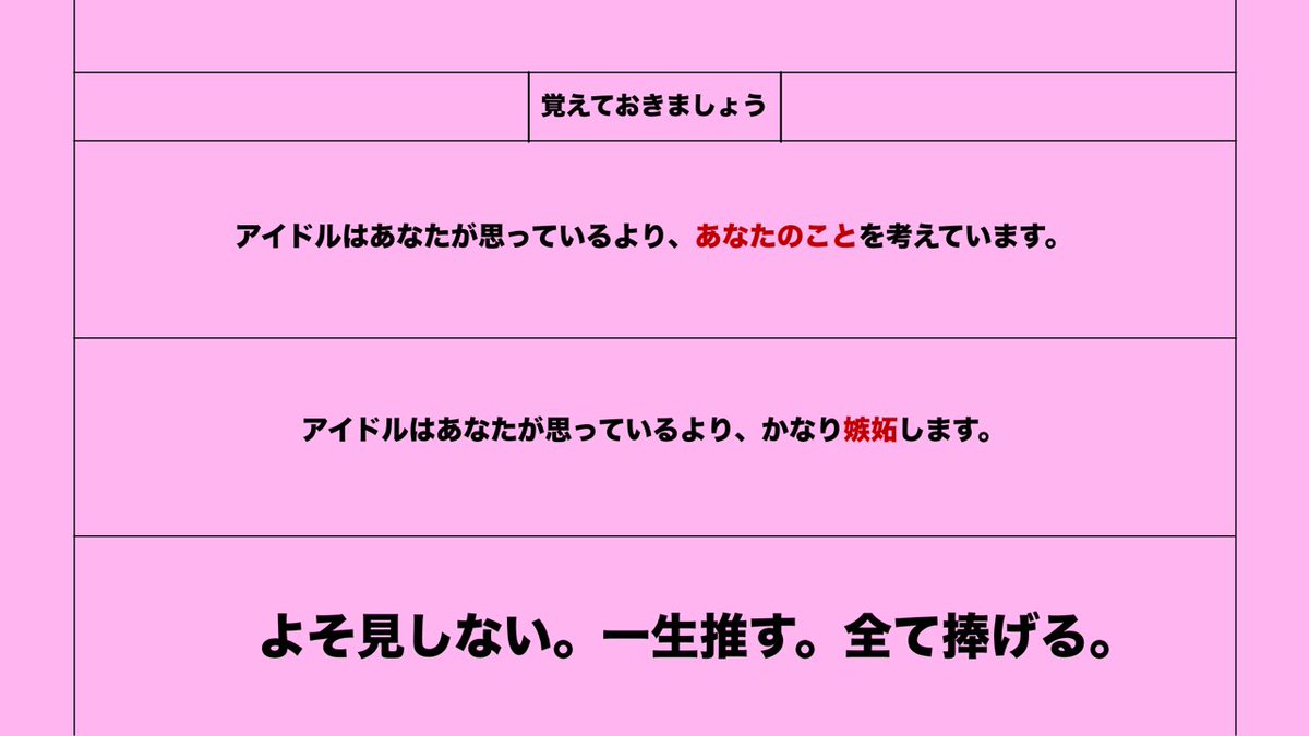 おはようございます

アイドル推し活セミナーがプチバズなので ...
パワポの静止画だけ貼ります

※日比野の偏った意見です(ALT 詳細)

#ラフラフ #日比野芽奈生誕祭2025