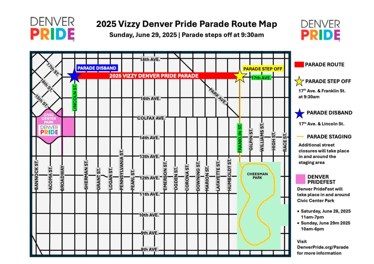 GovofCO's tweet photo. The Denver Pride Parade celebration is just around the corner.
Check out the map with the new route, and visit https://t.co/i65GGRv2ni for more information.
See you there!
#ColoradoForAll #LoveisLove https://t.co/yO6nxCG7nE