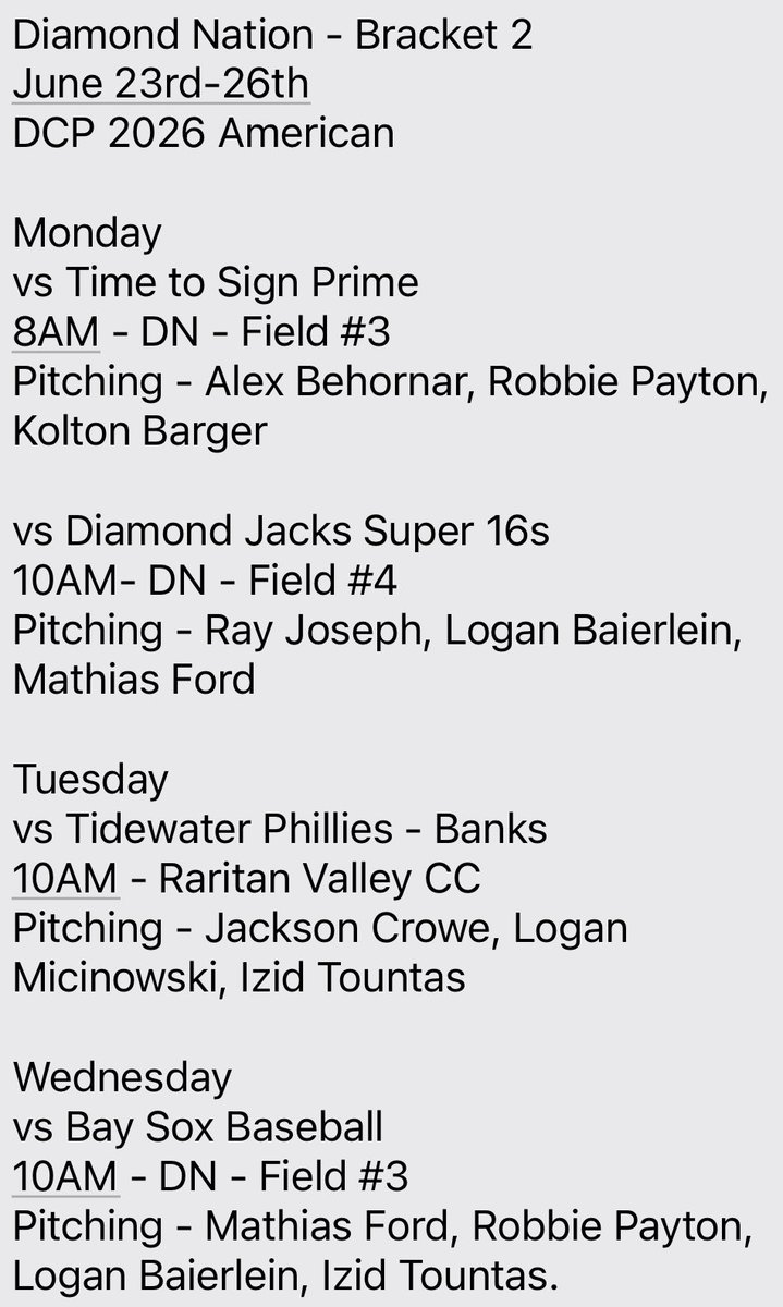 DCP Baseball (@dcpshowcase) on Twitter photo Pitching rotations set for DCP 2026 American at Diamond Nation Week 2
Boys start Monday in the four-game showcase event in Flemington, NJ Pitching rotations set for DCP 2026 American at Diamond Nation Week 2
Boys start Monday in the four-game showcase event in Flemington, NJ