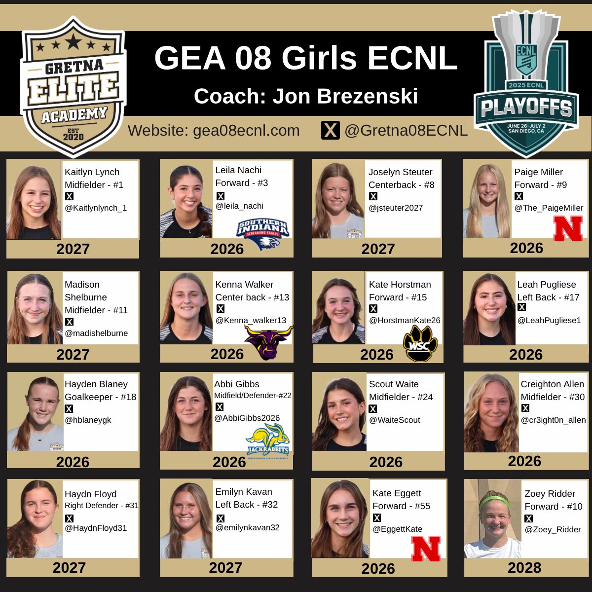 The Stage is Set!
We’re San Diego bound for <a href="/ECNLgirls/">ECNL Girls</a> Playoffs &amp; excited to compete in Champions League! ⚽🔥
Check out our team at gea08ecnl.com and come catch us in action.
See you on our sideline! #ECNLPlayoffs #ChampionsLeague <a href="/JonBrezenski/">Jon Brezenski</a> <a href="/ImYouthSoccer/">ECNL/GA/Recruiting/College Soccer</a> <a href="/GEA_ECNL/">Gretna Elite Academy ECNL</a>