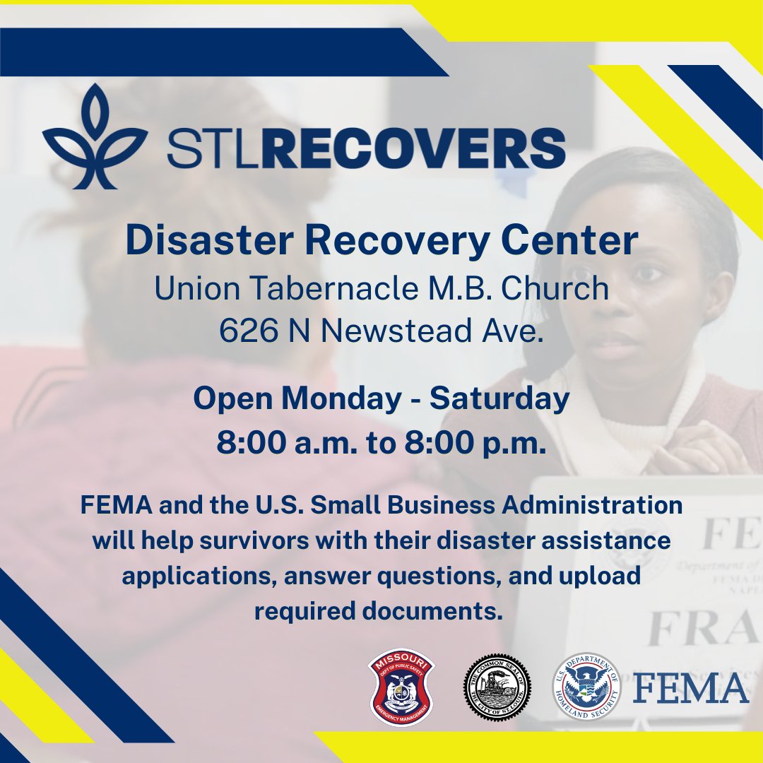 CityEMA's tweet photo. A Disaster Recovery Center at Union Tabernacle M.B. Church with FEMA Individual Assistance staff opened this morning in the City of St. Louis to help people affected by the May 16 tornado and storms.

More locations will be announced next week.

#STLRecovers #Tornado https://t.co/huXU75GZKU