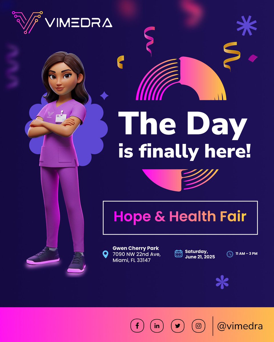 Vimedra_'s tweet photo. Today, we launch VIMEDRA 💜
📍 Gwen Cherry Park, Miami | 🕚 11AM – 3PM.
✅ Free food.
✅ Free gifts.
✅ Free screenings.
Come heal. Come speak. Come be seen.
#VIMEDRA #June21Miami #YourStoryMatters
#SocialCareTech #SDoH #socialdriversofhealth #SmartCare #SDoHImpact https://t.co/0oKyhsXgAm
