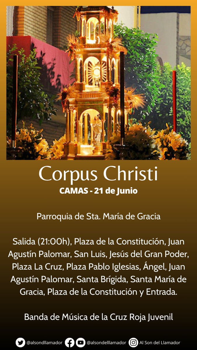 Al Son del Llamador (@alsondllamador) on Twitter photo 🔴 Tarde de procesiones de Corpus en el #AljarafeCofrade, con las de <a href="/rosariosantipon/">Hdad. del Rosario de Santiponce</a>, <a href="/VCruzBormujos/">Hermandad Sacramental Bormujos</a>, <a href="/hdadtomares/">Hermandad Sacramental Tomares</a> y <a href="/GranPoderCamas/">Hdad. Sacramental de Camas</a>.
#TDSCofrade #CofradiasAND <a href="/JuvenilCruzRoja/">BM Juvenil Cruz Roja</a> <a href="/AMRedencion/">La Redención</a> <a href="/LasAngustias/">Banda Las Angustias</a> <a href="/bmguillena/">Banda de Música Villa de Guillena</a> 🔴 Tarde de procesiones de Corpus en el #AljarafeCofrade, con las de <a href="/rosariosantipon/">Hdad. del Rosario de Santiponce</a>, <a href="/VCruzBormujos/">Hermandad Sacramental Bormujos</a>, <a href="/hdadtomares/">Hermandad Sacramental Tomares</a> y <a href="/GranPoderCamas/">Hdad. Sacramental de Camas</a>.
#TDSCofrade #CofradiasAND <a href="/JuvenilCruzRoja/">BM Juvenil Cruz Roja</a> <a href="/AMRedencion/">La Redención</a> <a href="/LasAngustias/">Banda Las Angustias</a> <a href="/bmguillena/">Banda de Música Villa de Guillena</a>