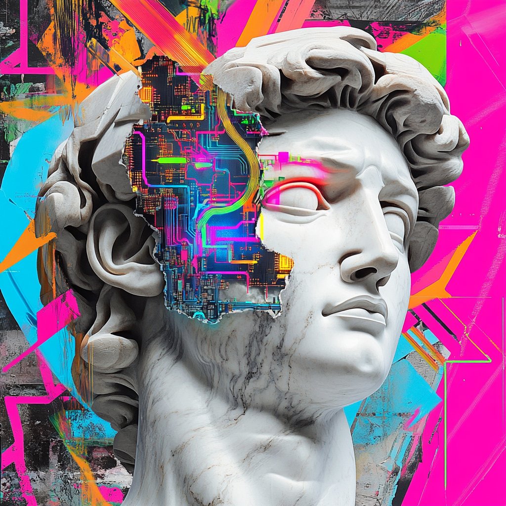 "Electric Evolution" fuses the timeless elegance of a marble bust with a burst of neon circuitry and vivid abstract strokes, symbolizing the transformation of classical art into a digital future. Crafted on a tight digital canvas with dimensions of 6144x6144 and a 24-bit depth,
