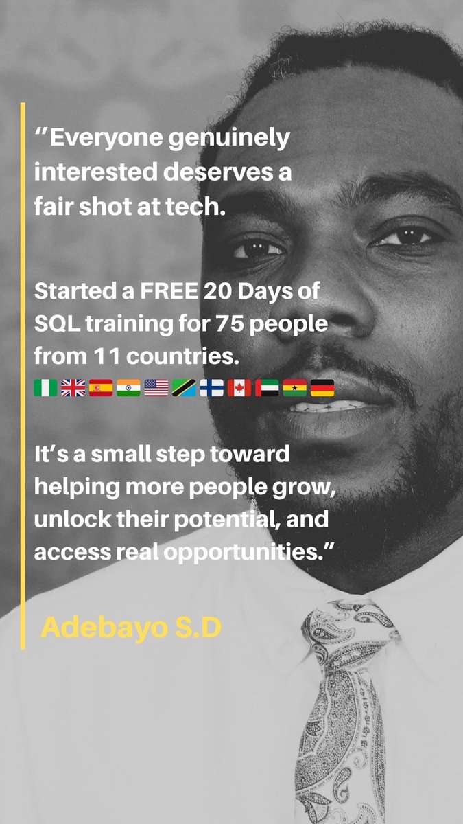 Adebayo_SD's tweet photo. Everyone genuinely interested deserves a fair shot at tech

Started a FREE 20 days of SQL training for 75 people from 11 countries 

🇳🇬🇳🇪🇬🇧🇹🇿🇺🇸🇨🇦🇩🇪🇬🇭🇦🇪🇪🇸🇫🇮

It’s a small step towards helping more people unlock thier potential and access more opportunities. https://t.co/4fZwpCX2hI