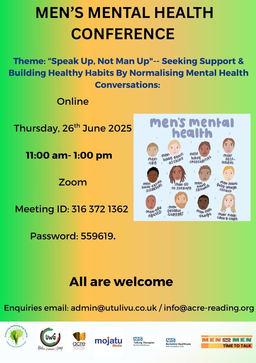 Come join us for Men's Mental health on 26th June 2025 at 11am to 1pm. A men’s mental health conference builds support, breaks stigma, fosters healing, &amp; encourages open honest conversations.
#Utulivu #Acre #mojatu #CommunitywellbeinghubReading #MensMentalHealth #talkingtherapies