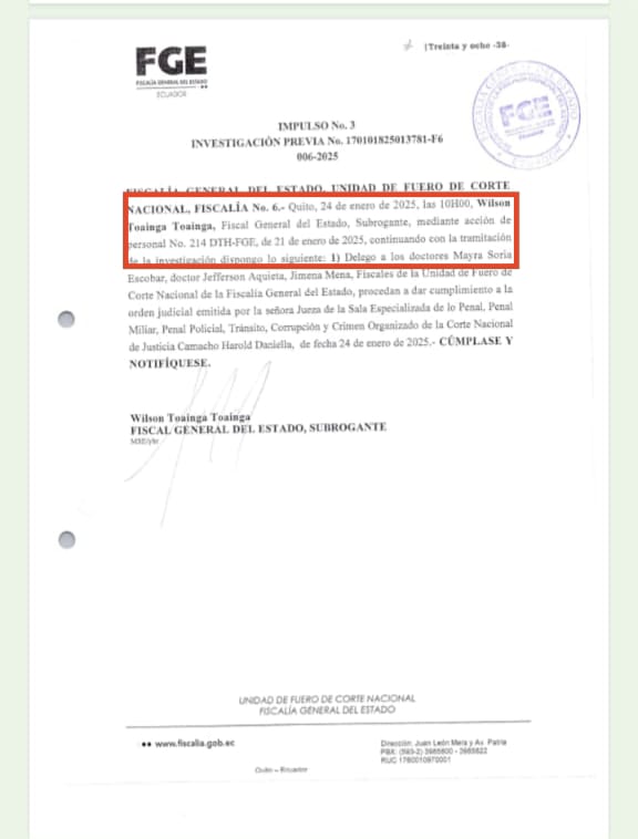 🔴 SOLICITUD DE ALLANAMIENTO DE DIANA SALAZAR FUE POLÍTICA Y QUEDA SIN PISO LEGAL

Ref: #CasoLigados

21 de enero de 2025: Salazar sale de vacaciones. Deja una acción de personal designando a Toainga como subrogante.

23 de enero de 2025: Sin revertir la acción de personal del 21
