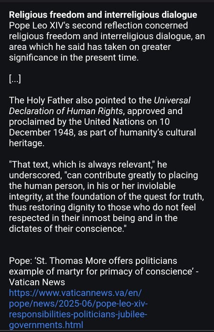 Whilst wrongly framing the witness of St Thomas More, a great saint, as "primacy of conscience," Pope Leo XIV [@pontiifex] promotes UN's Universal Declaration of Human Rights that include, inter alia:

1) Art 16: The Right to divorce.

2) Art 18: The Right to apostatize.

- Pope Leo XIV address to participants in the Jubilee of Governments (Excerpts)