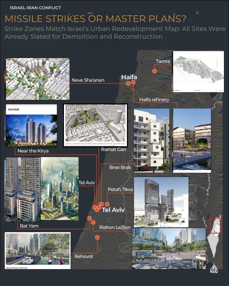 Every single “significant strike” from Iran’s big retaliation on Israel just happens to be in an area already slated for demolition and luxury redevelopment.