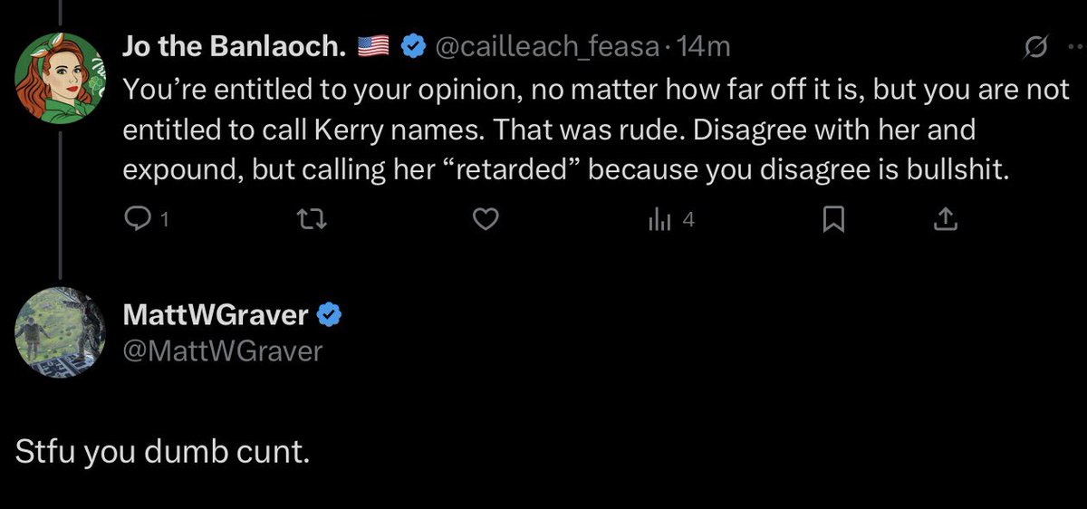 Jo the Banlaoch. 🇺🇸 (@cailleach_feasa) on Twitter photo I was mutuals with this amadán until he called <a href="/thereal_SnS/">Kerry Slone(Stilettos&Shotguns)</a> “retarded.” I politely replied saying what is in this screenshot. You see his response below. He is allegedly a veteran. Who talks to other vets, especially women, like this? All because I said it wasn’t appropriate to I was mutuals with this amadán until he called <a href="/thereal_SnS/">Kerry Slone(Stilettos&Shotguns)</a> “retarded.” I politely replied saying what is in this screenshot. You see his response below. He is allegedly a veteran. Who talks to other vets, especially women, like this? All because I said it wasn’t appropriate to