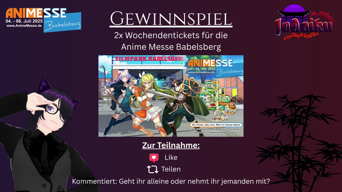 Jodaiku's tweet image. Ich habe von der @AnimeMesse die Möglichkeit bekommen 2x Wochenendtickets für die Anime Messe Babelsberg zu verlosen an euch ♥️

Diese Messe ist für mich eine absolute Herzensangelegenheit und mein Highlight des Jahres ✨

Teilnahmebedingung stehen im Bild