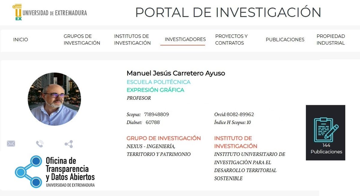 carreteroayuso's tweet image. Aunque ya desde el año pasado pertenezco al Instituto Universitario de Investigación #INTERRA para el Desarrollo Territorial Sostenible de #Extremadura, recientemente ya se ha reflejado en el portal de investigación de la Oficina de Transparencia y Datos Abiertos de la Uex.