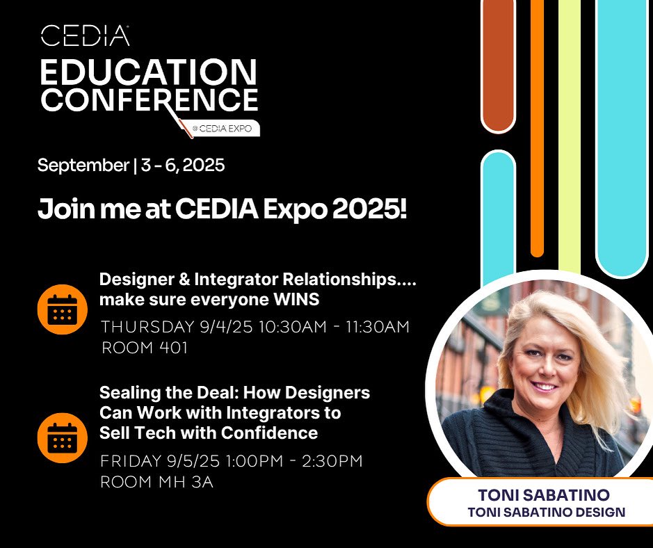 Who is going to <a href="/CEDIA/">CEDIA</a> ?? I am honored and excited to be part of the education this year! Let!s create security, comfort and entertainment in our designs with great tech partnerships.. I hope to see you there… <a href="/CEDIAExpo_CIX/">CEDIA Expo/Commercial Integrator Expo</a> #designerslife #tech 😎