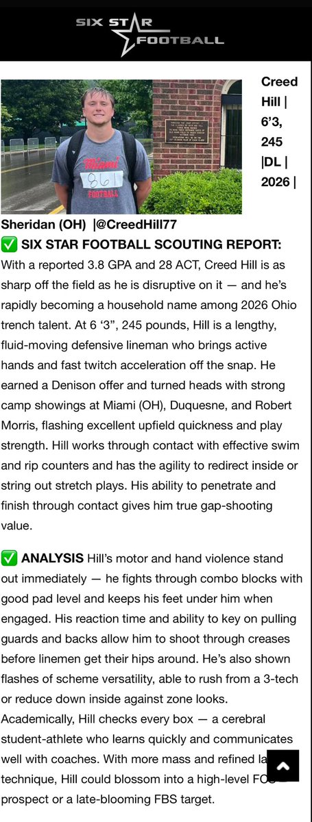 Creed Hill (@creedhill77) on Twitter photo Thank you to <a href="/sixstarfootball/">Six Star Football | PLUS+</a> for the scouting report from the Miami, Duquesne, and Robert Morris camps.
<a href="/RMA_Strength/">Sheridan Strength</a>
<a href="/RMA_RedRageFB/">Sheridan Generals Football</a>
<a href="/no_paculver/">Paul Culver III</a>
<a href="/RMU_Football/">RMU Football</a>
<a href="/DuqFB/">Duquesne Football</a>
<a href="/MiamiOHFootball/">Miami Football</a>
<a href="/JaredLuginbill/">Jared Luginbill</a> Thank you to <a href="/sixstarfootball/">Six Star Football | PLUS+</a> for the scouting report from the Miami, Duquesne, and Robert Morris camps.
<a href="/RMA_Strength/">Sheridan Strength</a>
<a href="/RMA_RedRageFB/">Sheridan Generals Football</a>
<a href="/no_paculver/">Paul Culver III</a>
<a href="/RMU_Football/">RMU Football</a>
<a href="/DuqFB/">Duquesne Football</a>
<a href="/MiamiOHFootball/">Miami Football</a>
<a href="/JaredLuginbill/">Jared Luginbill</a>